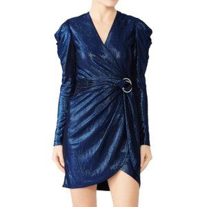 Jonathan Simkhai Metallic Blue Wrap Puff Sleeve Dress (M)